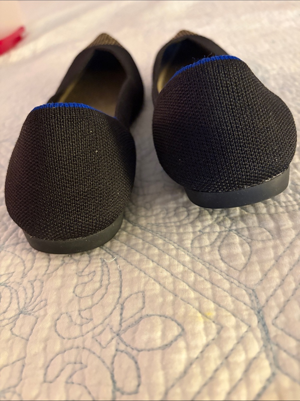 Rothy's Black Knit Pointed Flats with Gold Toe and Blue Trim - Picture 4 of 5